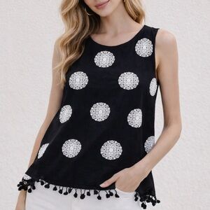 Altar’d State Black/White Polka Dot Rayon Sleeveless Embroider Pom Top (M(